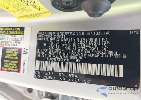 2012 Toyota Venza Le V6 from USA, damaged, VIN 4T3BK3BB6CU071691